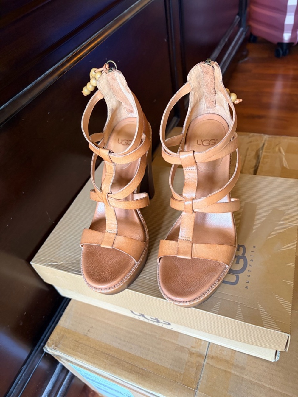 UGG Women's Cognac Leather Strappy High Heel Sandals